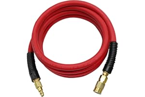 YOTOO Rubber Lead-in Air Hose 3/8-Inch by 10-Feet 300 PSI Heavy Duty, Kink Resistant, All-Weather Flexibility with 1/4-Inch Brass Male Fittings, Bend Restrictors, Red