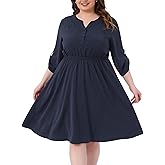 Agnes Orinda Plus Size Dresses for Women Notch V Neck 3/4 Rolled Sleeve Button Work Midi Shirt Dress