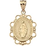 Small Solid 10k Yellow Gold Miraculous Medal Pendant - Blessed Virgin Mary Necklace