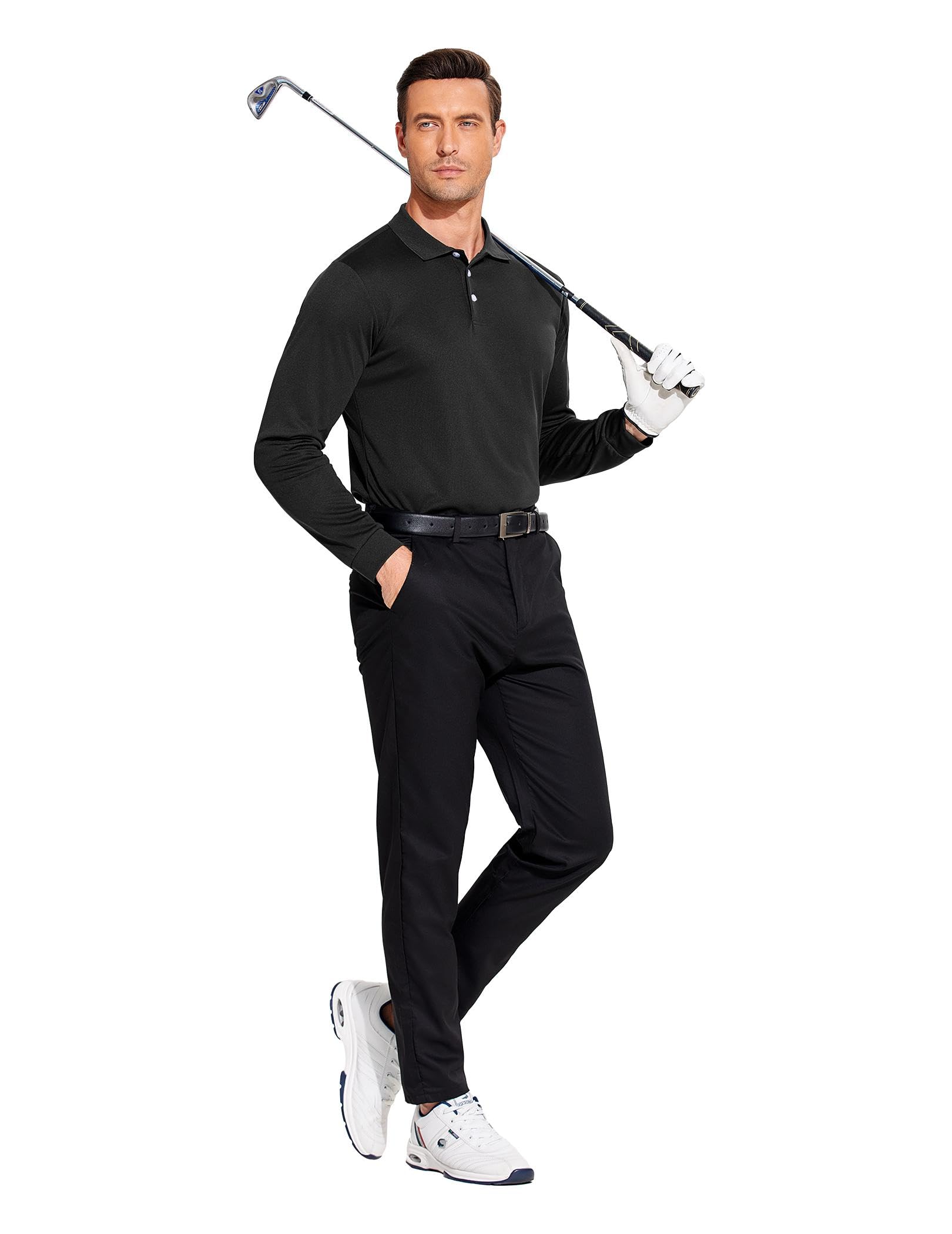 PINSPARK 3 Pack Men's Long Sleeve Golf Polo Shirts Athletic Casual Travel Performance Collar Shirts Lightweight Quick Dry