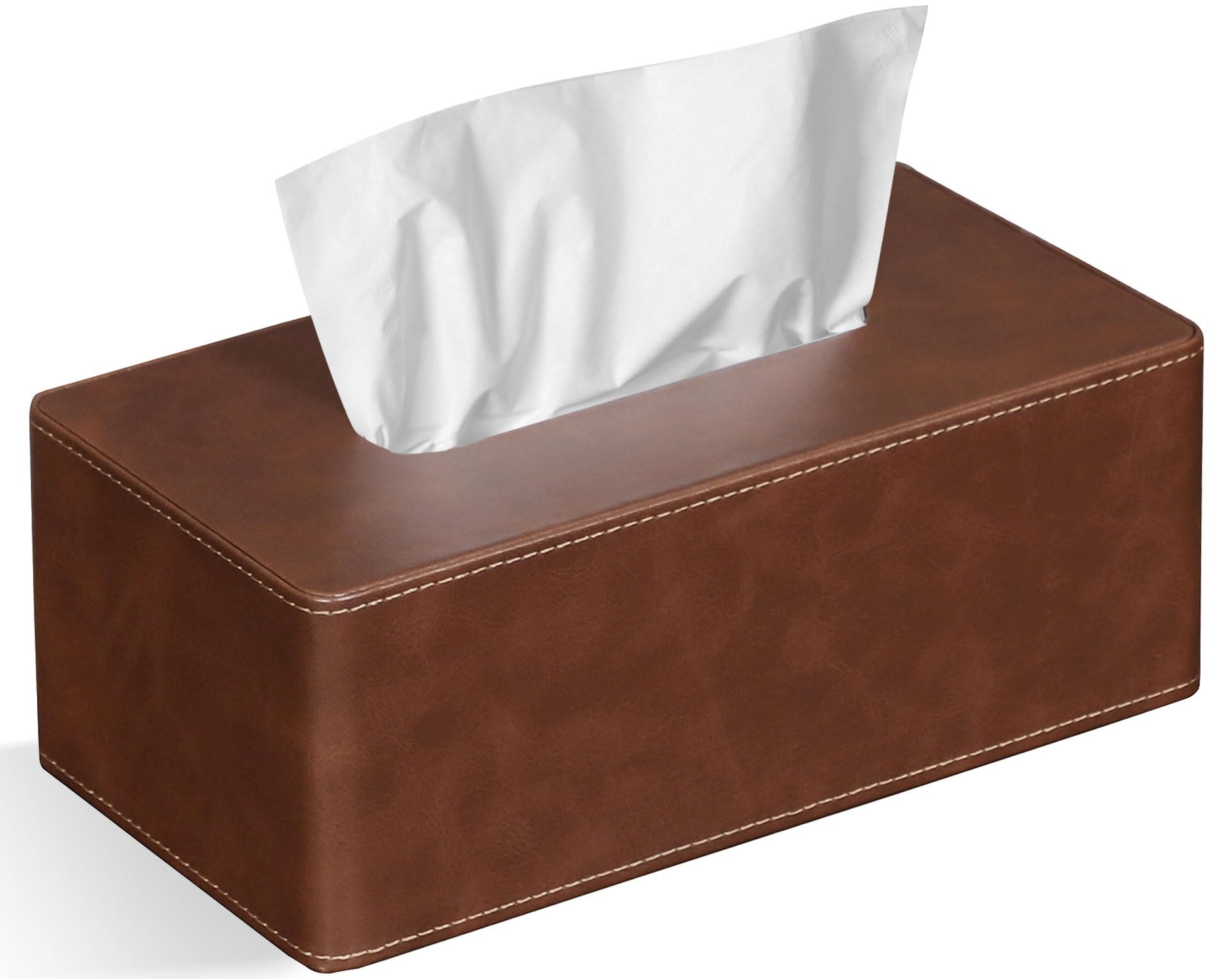 Tissue Box Cover Rectangular PU Leather Facial Tissue Dispenser Box Holder for Dresser Bathroom Decor (Brown)