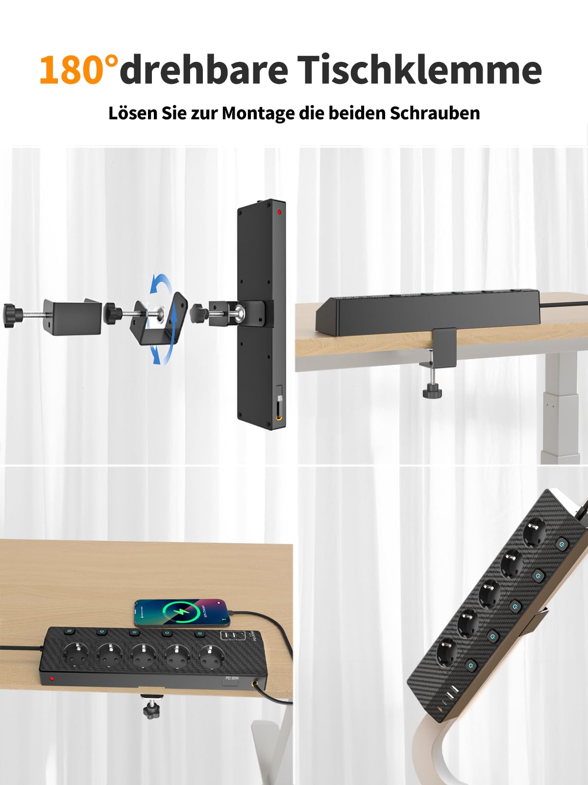 Tischsteckdose Steckdosenleiste mit 2 USB C (PD 30W), PASSUS 5 Fach Mehrfachsteckdose Schreibtisch mit Überspannungsschutz & Einzeln Schaltbar, 10-in-1 Ecksteckdose mit 2M Kabel für Büro, Schwarz 6