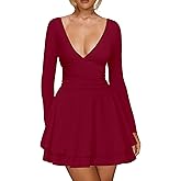 Kaximil Women's Sexy Long Sleeve V Neck Mini Dress Ruched A Line Flowy Cocktail Party Short Dresses