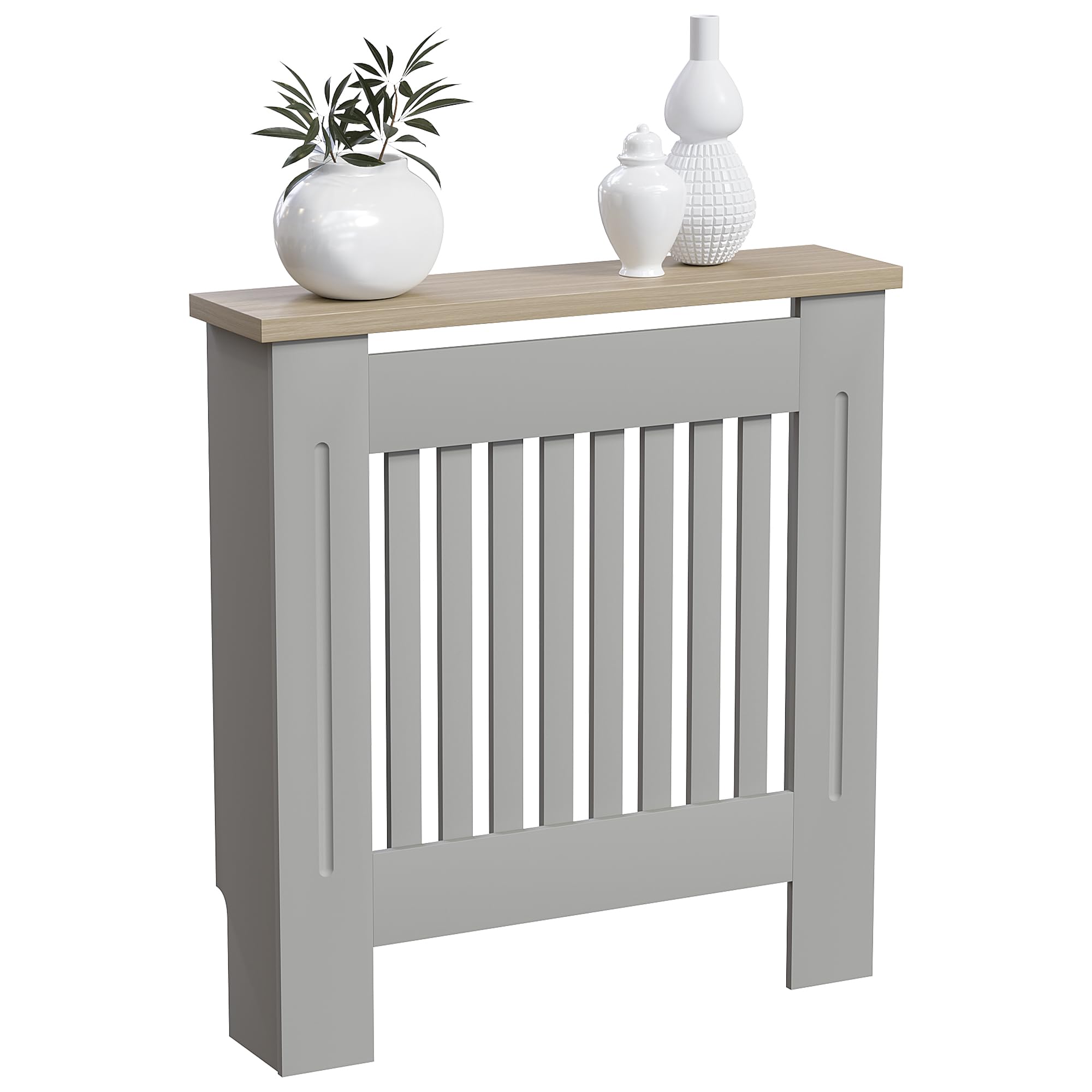Vida Designs Arlington Radiator Cover Olive Grey - Small - Modern Shaker Style Vertical Slat Design For Optimal Heat Circulation - H83.3xW78xD19cm - Painted MDF Cabinet with Wood Top Shelf
