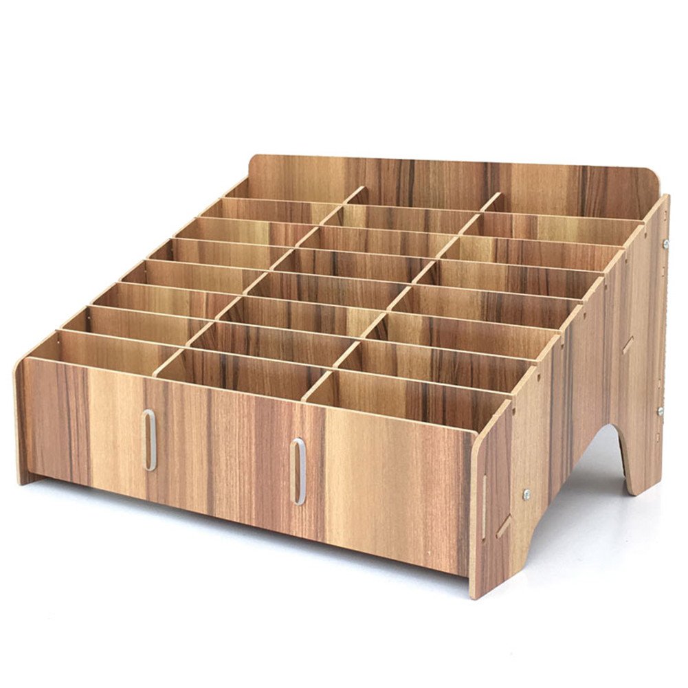 Photo 1 of XICHENGSHIDAI Cell Phone Storage Box, 24 Compartment Classroom Holder, Mobile Phone Desktop Organizer Caddy and Ink Pad Organizer for Office and School Supplier - Brown
