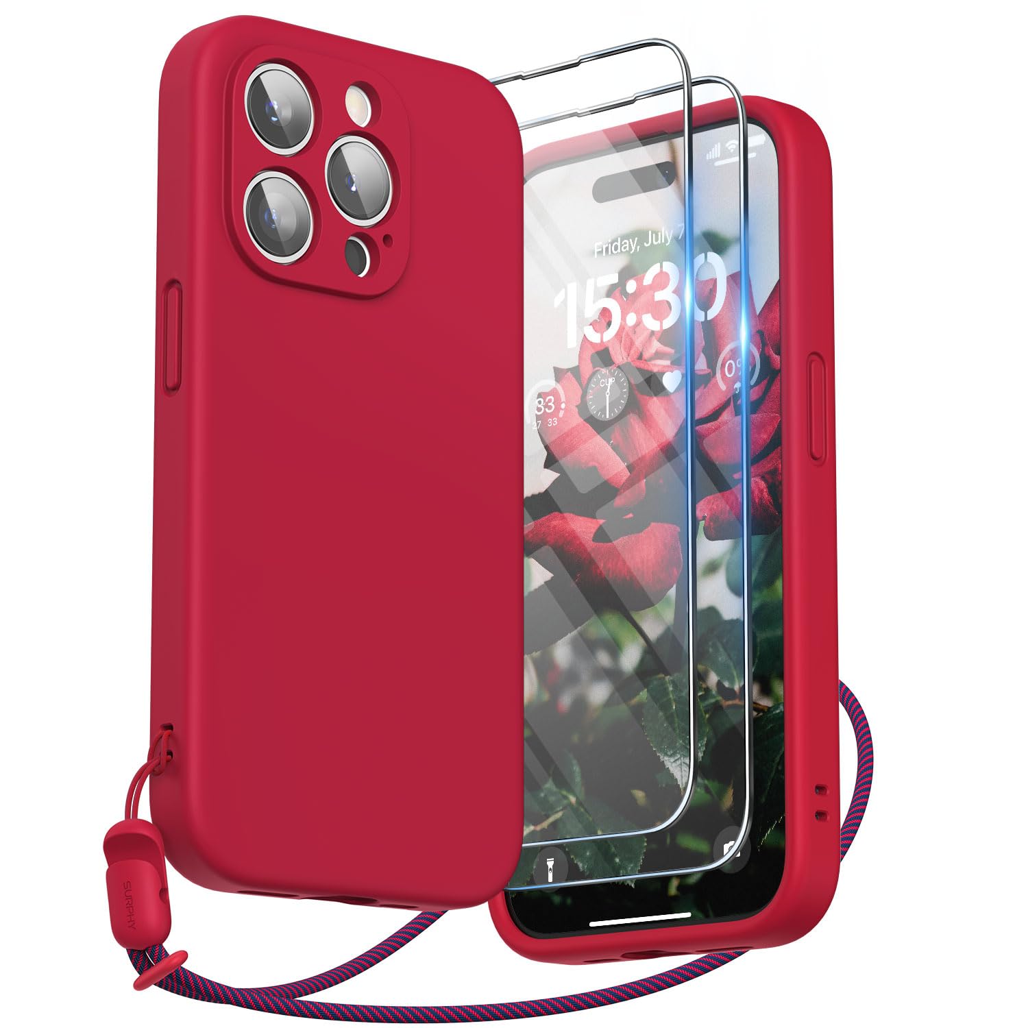 SURPHY Design for iPhone 15 Pro Case, Liquid Silicone Protection for Each Lens [2 x Screen Protectors & 1 x Lanyard] Shockproof Cover for iPhone 15 Pro 6.1 inch 2023, Red — image 1