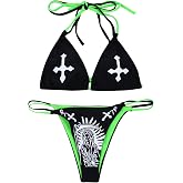 ZGMYC Women Funny Skull Letter Print Goth Bikini Set 2 Piece Neon Bandeau Swimsuit