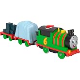 THOMAS &amp; FRIENDS Talking Percy Engine by Fisher-Price | Battery-Powered Motorized Toy Train with 2 Cargo Cars &amp; 2 Play Pieces, Makes Sounds &amp; Phrases for Preschoolers 3+
