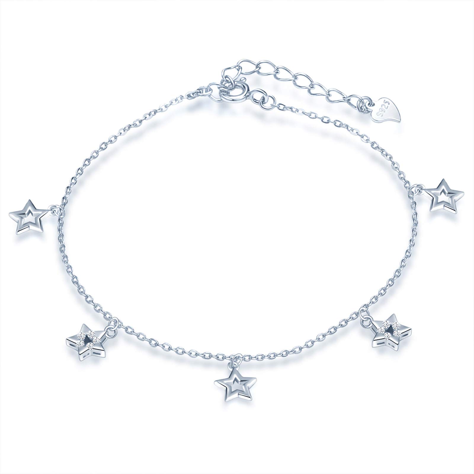 Yumilok Solid 925 Sterling Silver Adjustable Anklet - Star Chain Ankle Bracelet