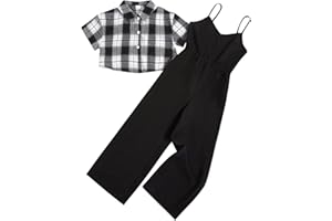 OYOANGLE Girl's 2 Piece Outfits Short Sleeve Button Down Shirt Crop Top and Wide Leg Pants Jumpsuit Set