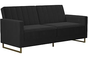 Novogratz Skylar 77 Inch Futon Sofa Bed in Velvet Fabric, Industrial Modern Upholstered Couch Sleeper with Black Metal Legs, Black