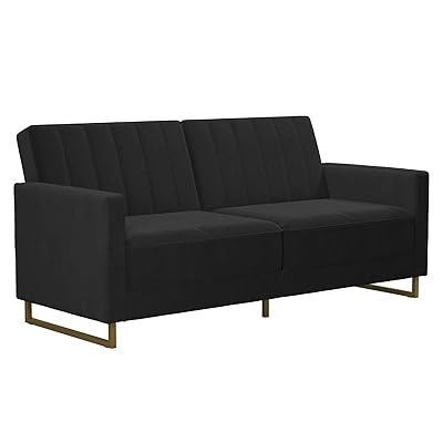 Novogratz Skylar Coil Modern Sofa Bed and Couch Black Velvet Futon