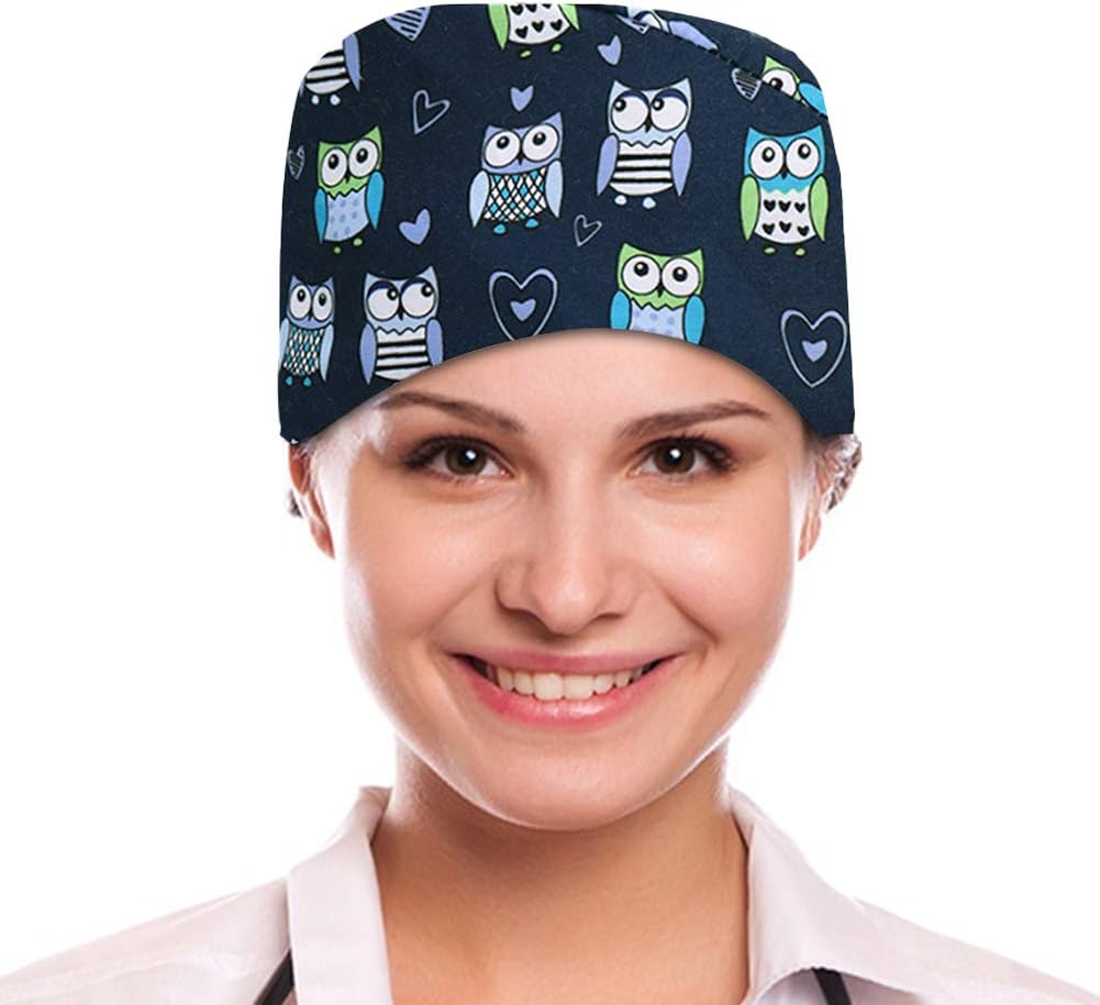 Cute Animal Patterns Surgical Scrub Cap Medical Doctor Bouffant Hat with Sweatband for Womens Mens