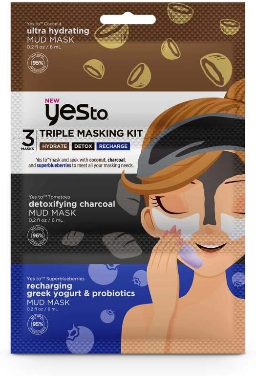 Yes To Triple Masking Kit, Coconut, Charcoal and Superblueberries Fo All Skin Types, Multi-masking with Coconut To Hydrate, Charcoal To Detox & Blueberries To Recharge
