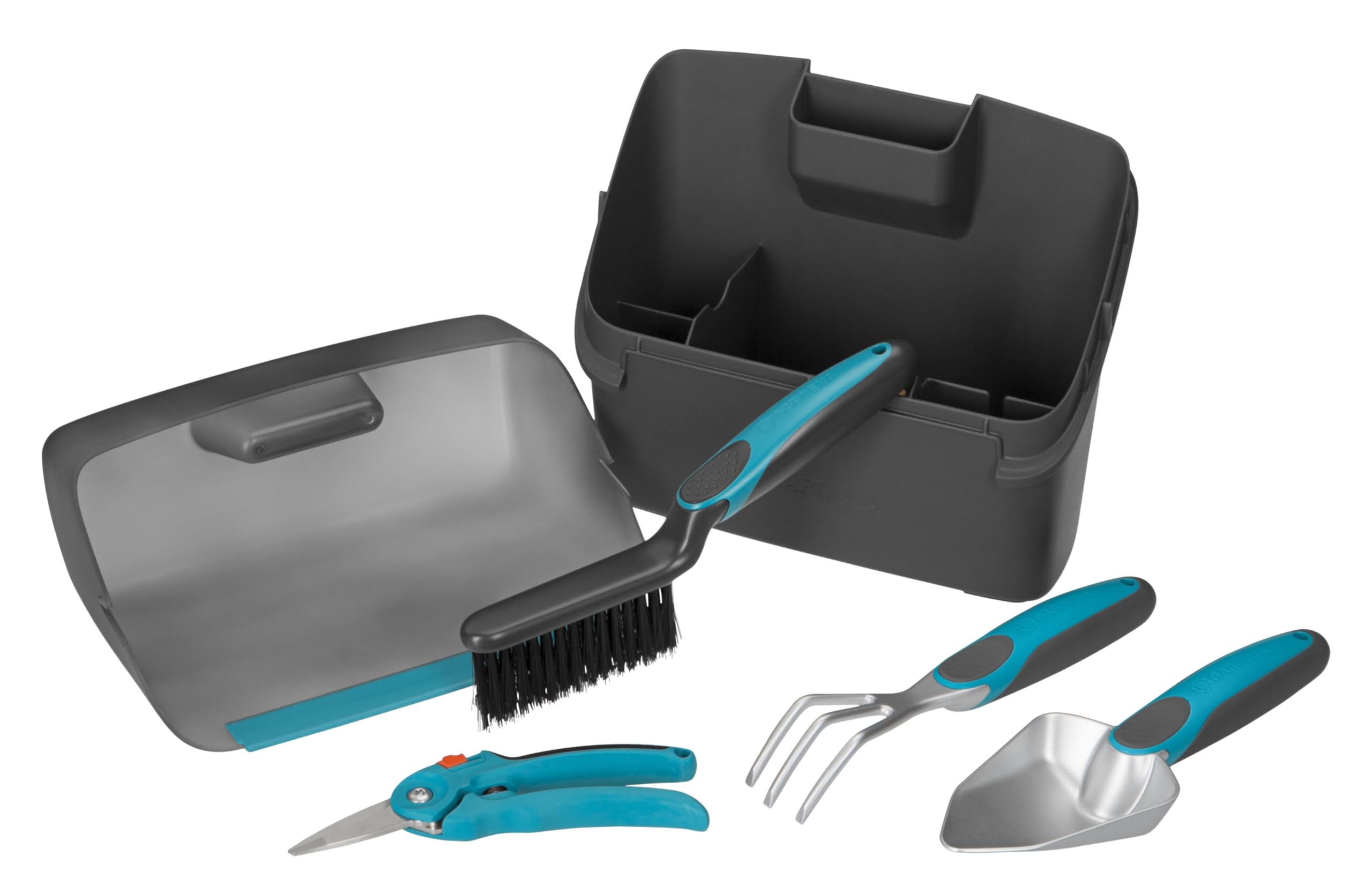 GARDENA city garden balcony box: plastic box with integrated dust pan and four-piece garden set for balcony and patio gardeners, plants trowel, cultivator, scissors and brush (8970-20)