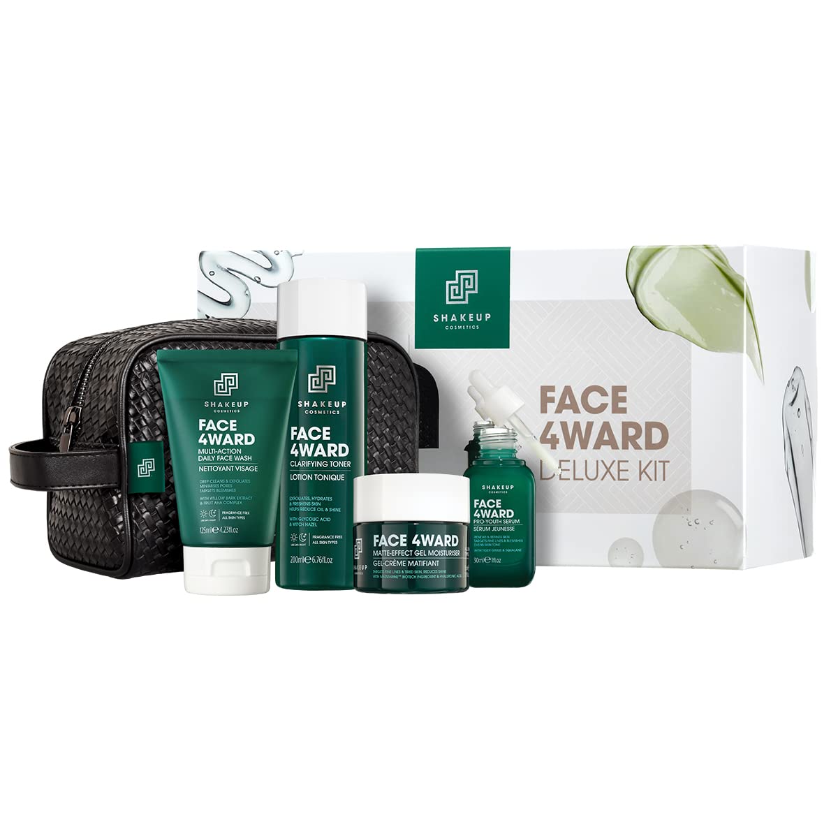 Shakeup Cosmetics Mens Skincare Routine with Free Wash Bag, including Daily Face Wash, Clarifying Toner, Anti-Ageing Serum, Daily Moisturiser, plus Wash Bag. Aka. SHAKEUP FACE 4WARD DELUXE KIT โ image 1
