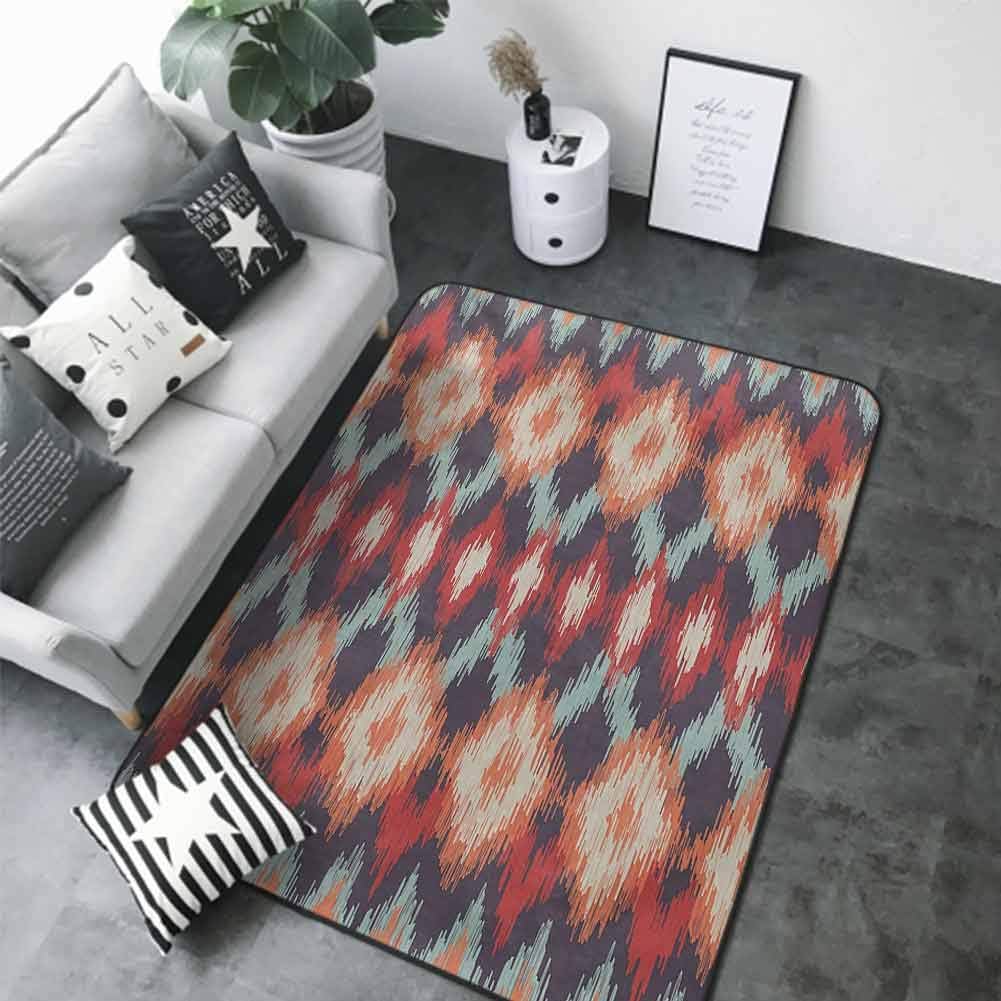 Floor Mats for Living Room Ikat,Oriental Double Batik Tie-Dye Weaving Style Graphic Ikat Forms Cultural Artisan,Red Orange Teal 60"x 96" Contemporary Synthetic Rug