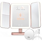 EASEHOLD Rechargable Makeup Mirror Vanity Mirror with Lights, 5000Mah & USB Cable, 112 LEDs Lighted Trifold Mirror with 1X 2X 3X 10X Magnification, Smart Touch, Portable Cosmetic Beauty Mirror