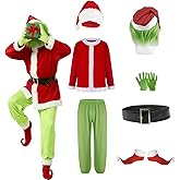 Adrinfly 7pcs Christmas Big Monster Santa Suit for Adult Green Deluxe Santa Costume With Mask M