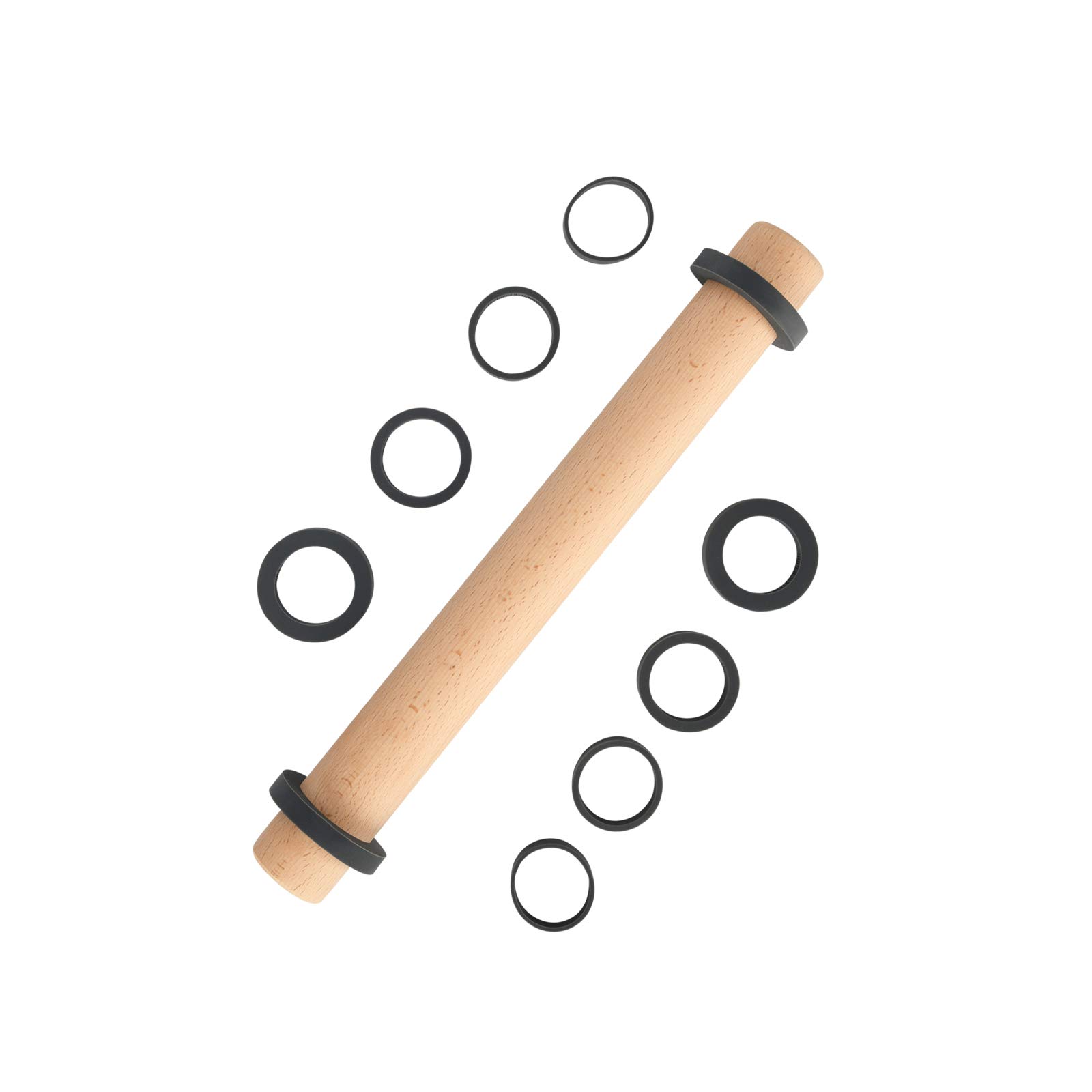 Super Kitchen Adjustable Beech Wood Rolling Pin with Removable Silicone Thickness Guide Rings- Wooden Dough Roller Baking Accessory for Pizza, Pasta, Cookie, Pastry, Fondant Icing (35 x 3.8 cm)