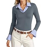 Tankaneo Womens Long Sleeve Polo Shirts Business Casual Work Tops Slim Fit V Neck Collared Patchwork Fall Outfits