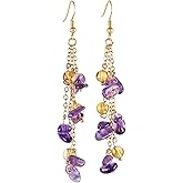 SUNYIK Natural Crystal Chip Stones Dangle Earrings for Women, Long Triple Chain Tumbled Stones Drop Earrings for Ladies
