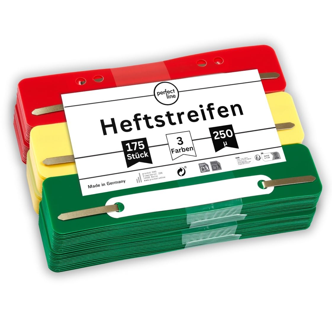 perfect line - 175 filing strips, 3 colours - 4-hole punching, made of recyclable PP plastic - Made in Germany