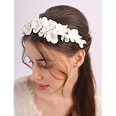 BERYUAN White Flower Pearls Headband Silver Wedding Headband Handmade Flowers Bridal hair Crown Flowers Wedding Bride Hair Tiara Wedding Hair Accessories for Women Girls