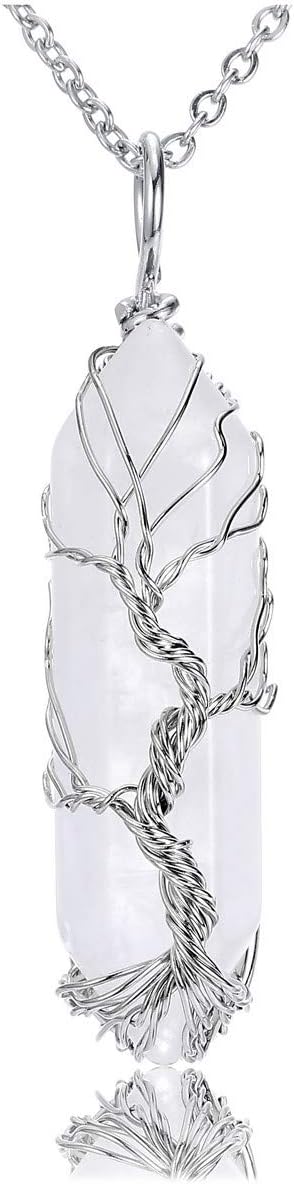 CrystalTears Natural Clear Quartz Healing Crystal Stone Necklace Tree Life Wire Wrapped Hexagonal Crystal Points Pendant Necklace Jewellry Crystal Mothers Day Gifts for Mum Women