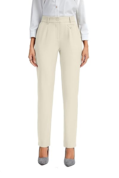 FUNYYZO WOMEN’S STRETCH BUSINESS WORK PANTS WITH POCKETS WEAR TO WORK CASUAL SUITPANTS LONG STRAIGHT TROUSERS APRICOT