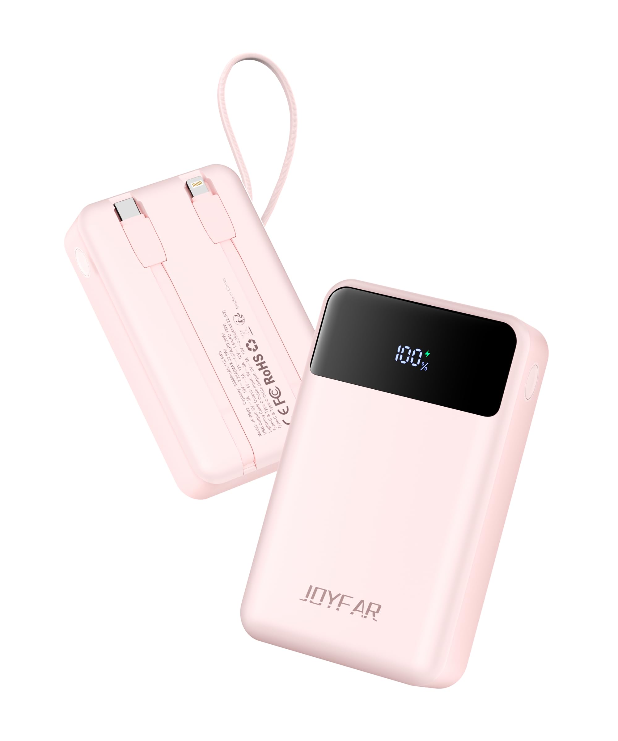 Photo 1 of JOYFAR Portable-Charger-Power-Bank Travel Essentials Battery Pack USB C 30000mAh Built in Cable 22.5W Phone Fast Charging Powerbank Compatible with iPhone 16 15 14 13 12 11 iPad Google Xiaomi (Pink)