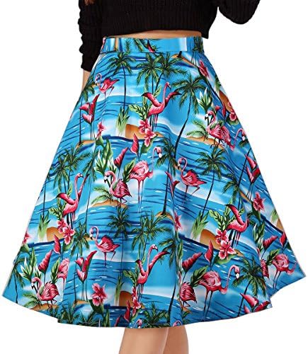 Musever Women's Pleated Vintage Skirts Floral Print Casual Midi Skirt Pink Flamingo L