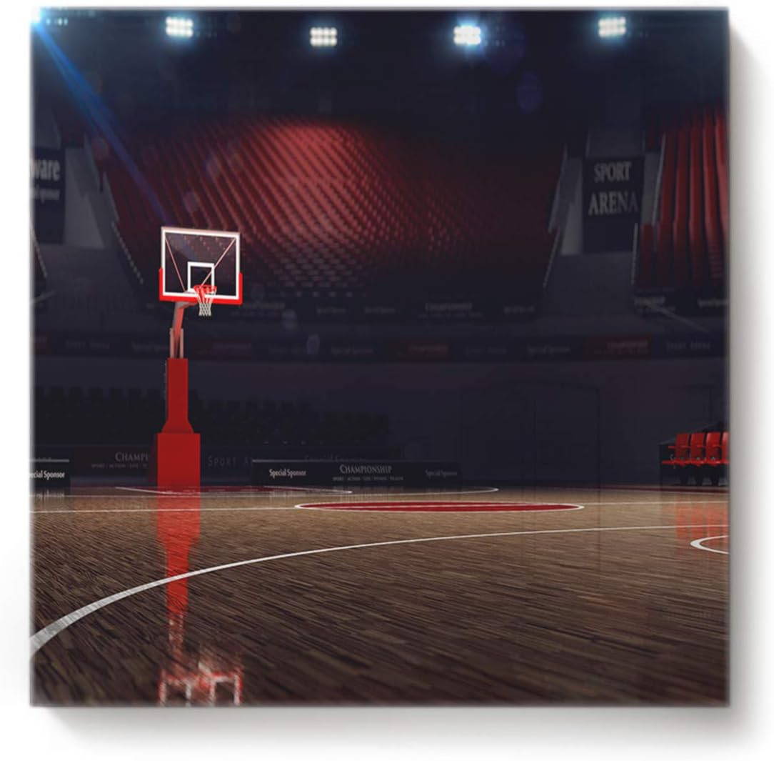 GreaBen Modern Canvas Wall Art Square Oil Painting Home Decor for Office Hotel,3D Basketball Court Stadium Pattern Canvas Artworks,Stretched by Wooden Frame,Ready to Hang,20 x 20 Inch
