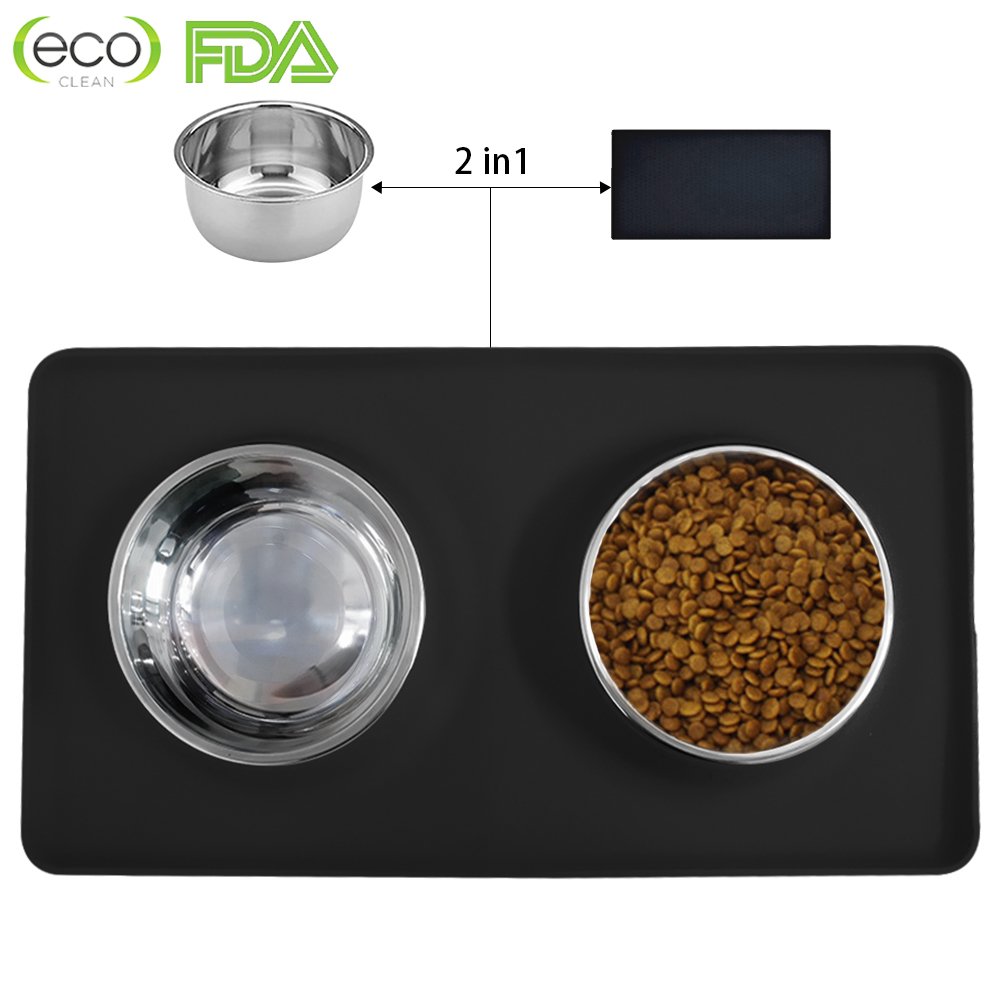 Home of Boutique Dog Bowls, Stainless Steel Pet Food Bowl, Cat Water Bowls with No-Spill Anti-Slip Silicone Mat for Large or Medium Dogs or Cats, Set of 2 Bowls (L, Black)