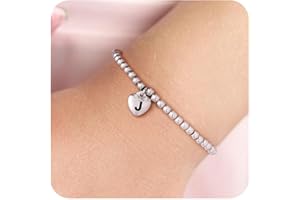 Anoup Silver Initial Bracelets for Women - Stainless Steel Beaded Bracelets, Letter Heart Charm Friendship Bracelets | Cute Silver Jewelry for Women Girls