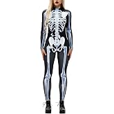 Fixmatti Women Halloween Party Costume Skull Print Long Sleeve Jumpsuit Outfit