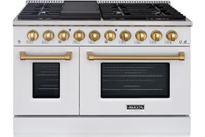 Akicon 48" Slide-in Freestanding Professional Style Gas Range with 6.7 Cu. Ft. Oven, 8 Burners, Convection Fan, Cast Iron Grates, & Blue Porcelain Oven Interior, In White with Gold