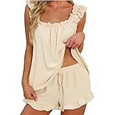 Yiulangde Womens Summer Pajamas Sleeveless Ruffle Straps Babydoll Cami Top Tank and Elastic Waist Pj Shorts Pajama Outfit Set