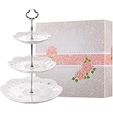 BonNoces 3-Tier Porcelain Cupcake Stand Serving Tray - White Embossed Elegant Dessert Cake Stand - Pastry Serving Stand for T