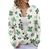 TIAFORD Womens St Patricks Day Knit Open Front Cardigan 2026 Lucky Irish Shamrock Pattern Festive Holiday Layered Sweater