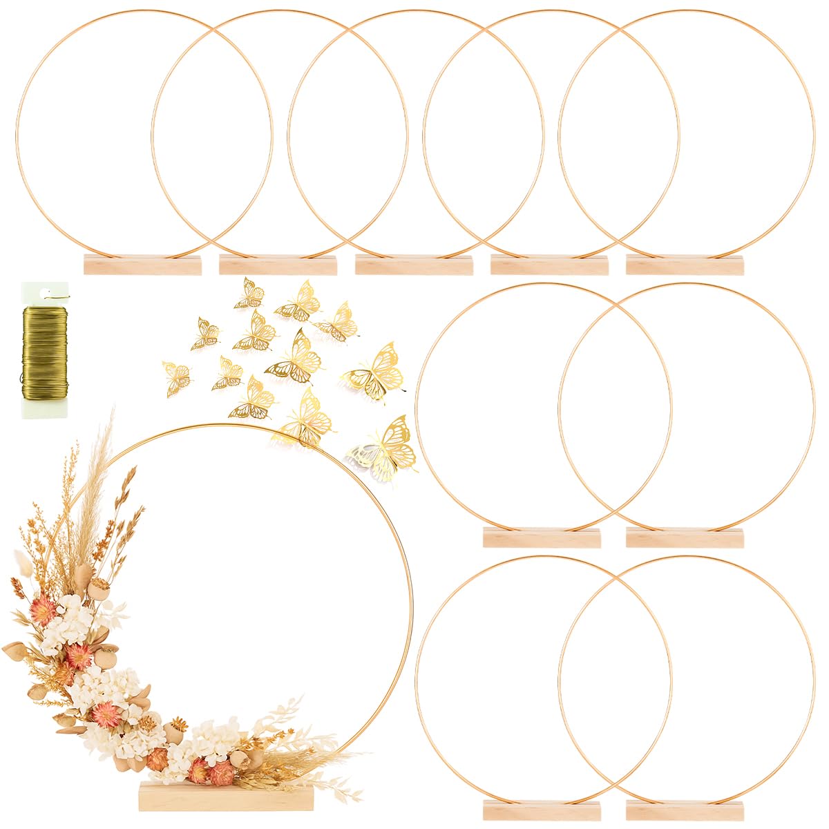Photo 1 of 10 Pack Floral Hoop with Stand and 38-Yard Paddle Wire 18 Inch Metal Rings for DIY Centerpiece Table Decorations Crafts Macrame Rings Hoop Wreath Dream Catcher Rings Wedding Christmas Wreaths, Gold