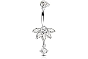 COCHARM Lotus Belly Button Rings, 14G Dangle Belly Navel Rings for Women, Stainless Steel Belly Navel Piercing Jewelry