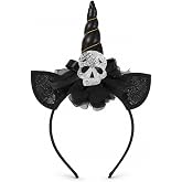 Halloween Glitter Unicorn Headband for Women Holiday Party Accessory | Black unicorn headpiece sequin skull ears, soft sturdy frame; for Halloween trick-or-treat, cosplay, parties, photo prop
