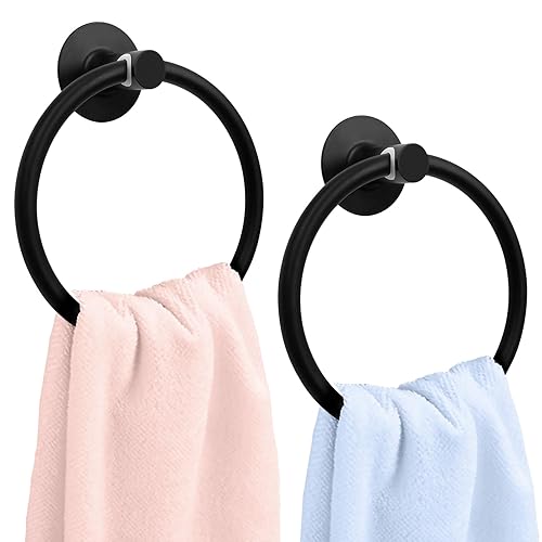 Daily Treasures 2 Packs Black Towel Holder, Space Aluminum Towel Rings, Black 6.5 inches/16.5 cm Towel Ring Holder Wall Mounted 3M Self Adhesive Hand Towel Rails for Kitchen Bathrooms