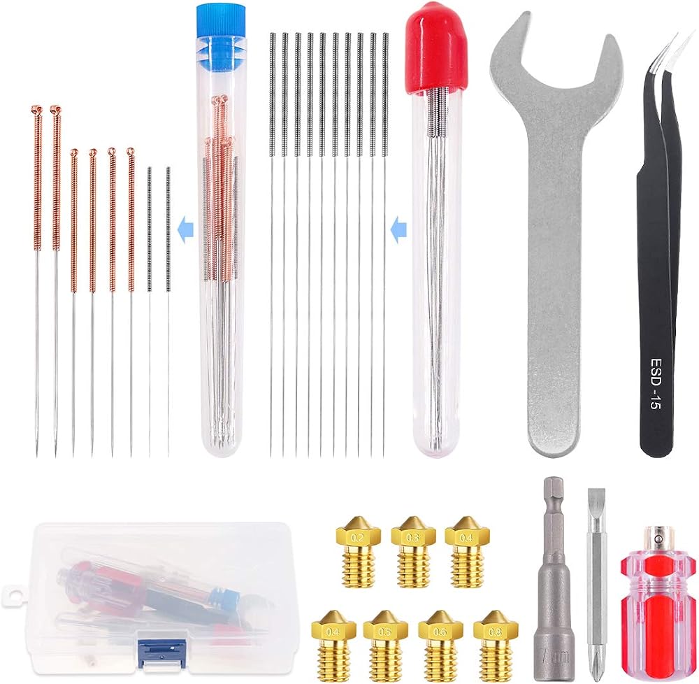 GLARKS 29Pcs 3D Printer Nozzle Kit M6 Brass Extruder Heads Cleaning Needles Tool