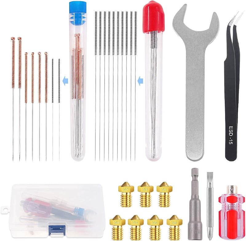 GLARKS 29Pcs 3D Printer Nozzle Kit M6 Brass Extruder Heads Cleaning Needles Tool