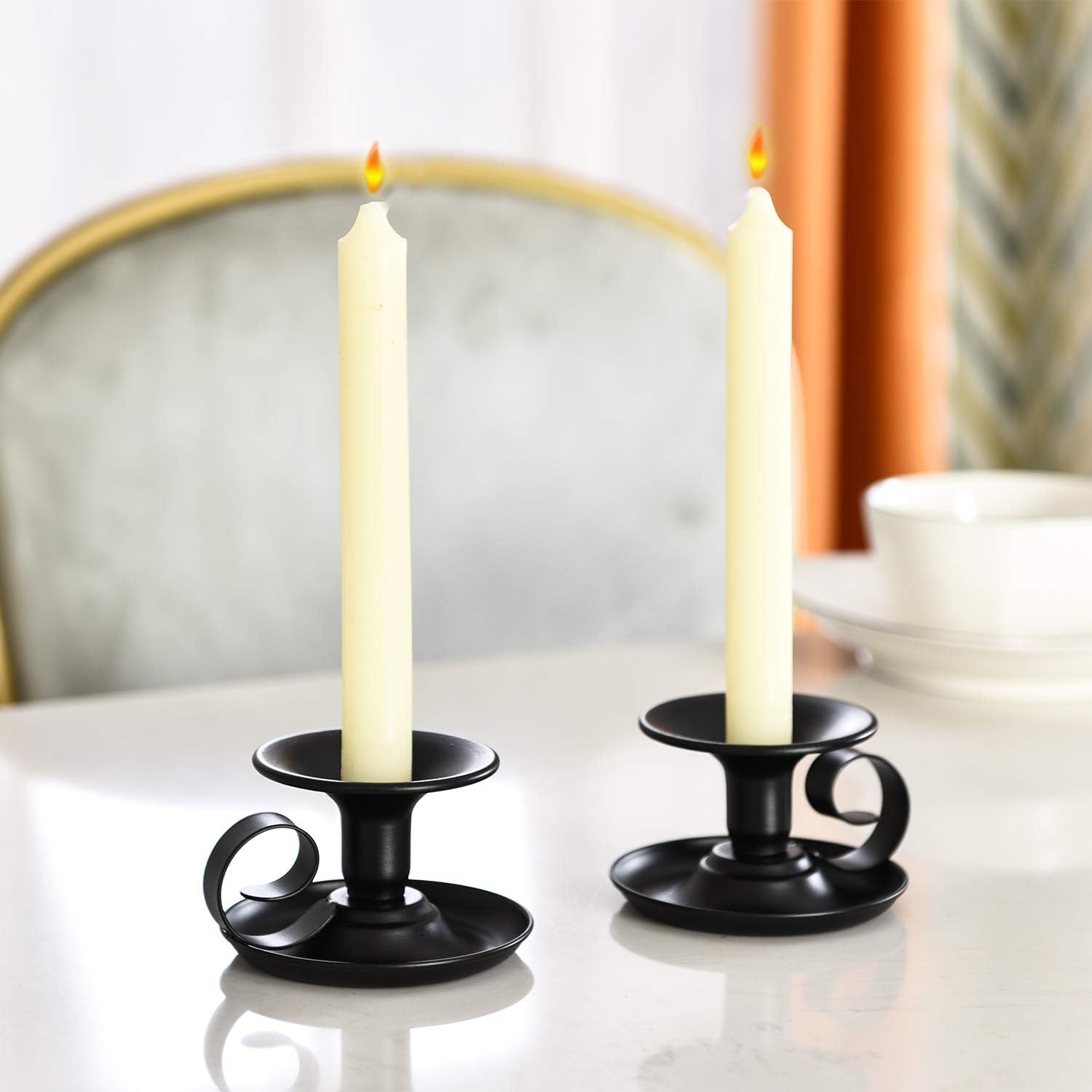 Retro Iron Taper Candle Holder, Set of 2, Simple Black Candlestick Holders Candlelight Stand for Halloween Christmas Dining Room Home Decoration Display: Kitchen & Dining