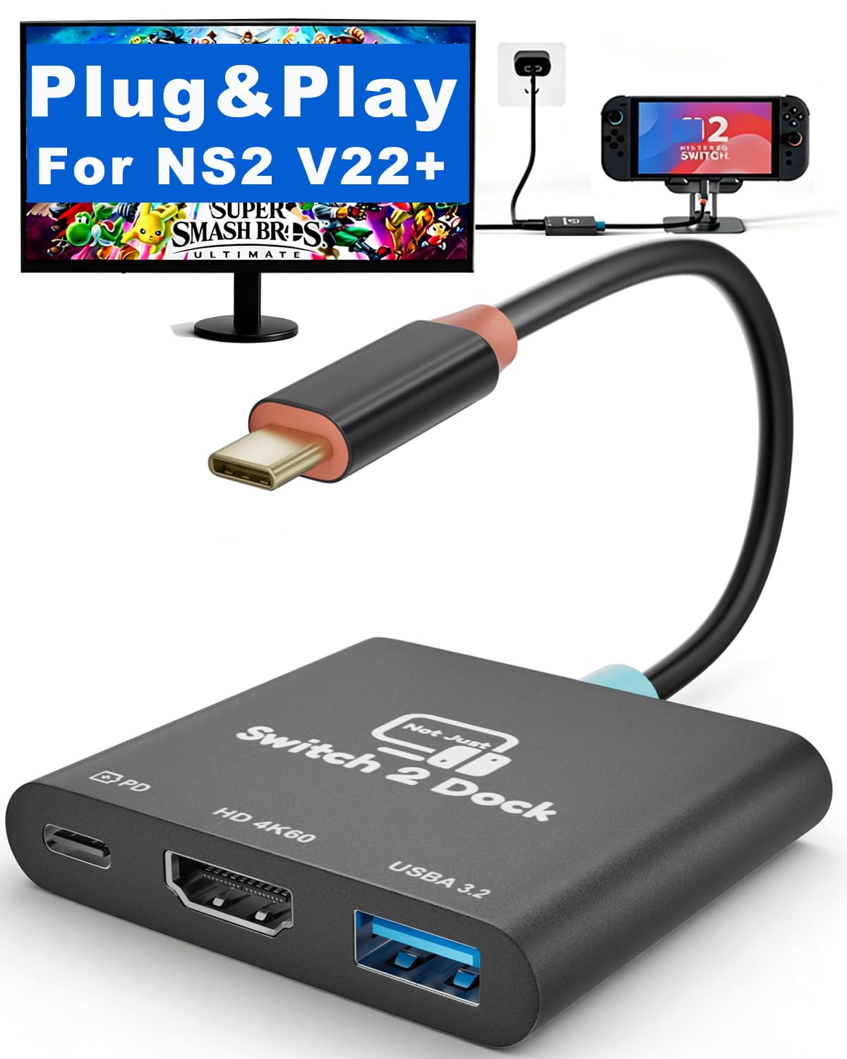 Switch 2 Dock for Nintendo Switch 2,Plug&Play for V22+, Portable TV Travel Docking Station,Steam Deck Dock USB C to HDMI Hub Charger Laptop Docking with USB A 3.2/4K HDMI/PD 100W.