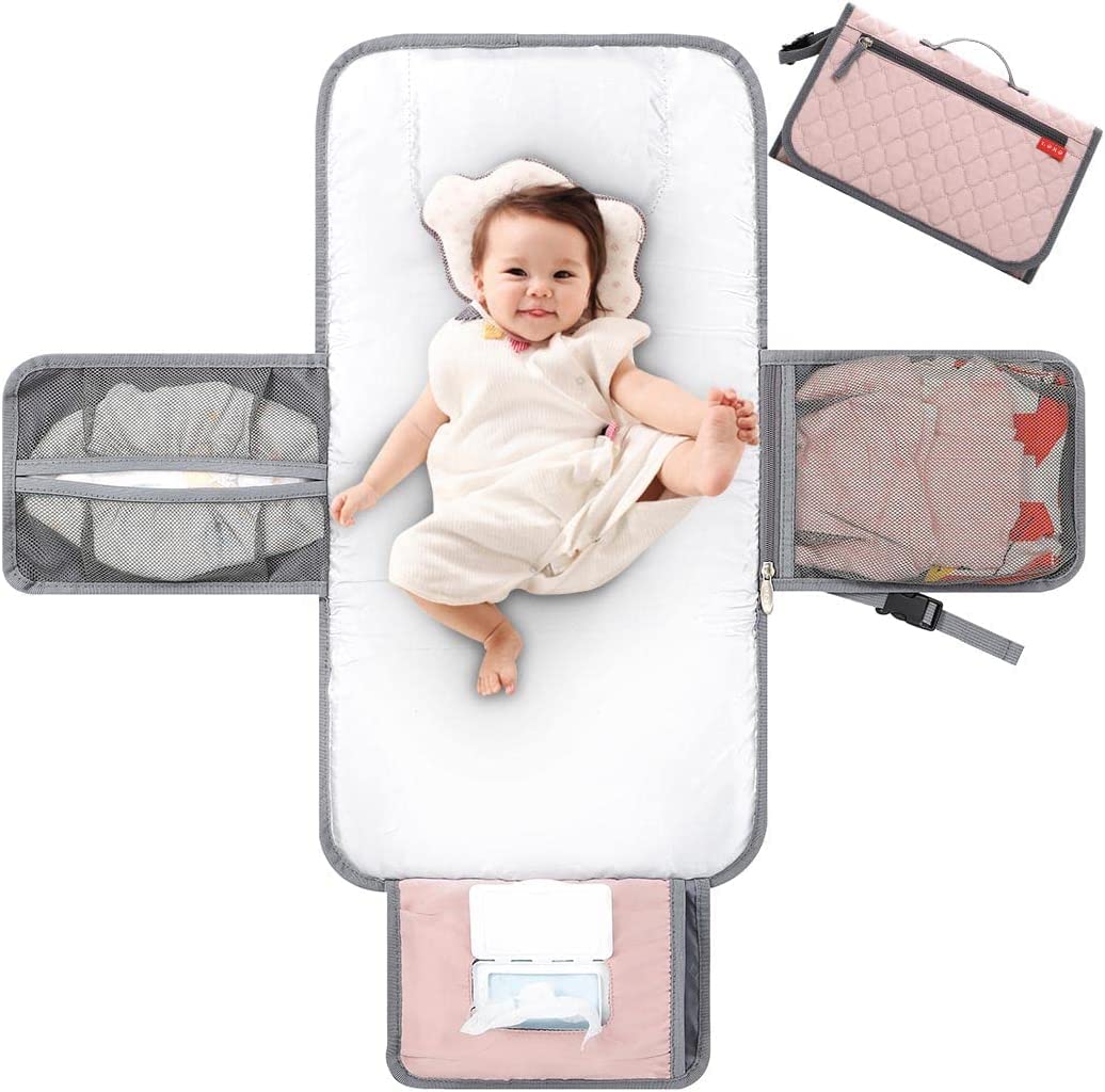 Lekebaby Portable Changing Mat - Travel Baby Change Mat with Wipe-Pocket and Head Cushion, Quilted Pink