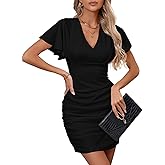 YIQ8 Women's Sexy V Neck Ruffle Sleeve Bodycon Mini Cocktail Party Dress Casual Short Sleeve Work Dress